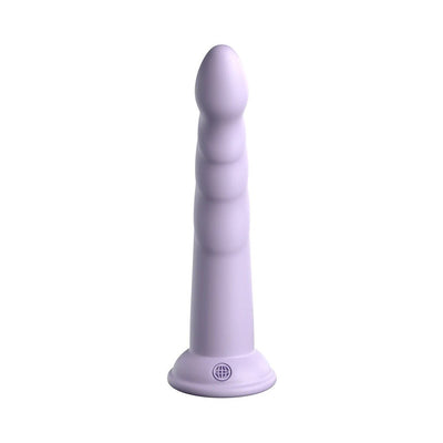Slim lavender silicone dildo with textured shaft and suction cup base standing upright on white background.