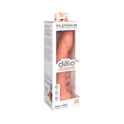 Dillio Platinum Super Eight 8-inch silicone dildo in peach color with suction cup base, displayed in branded packaging.