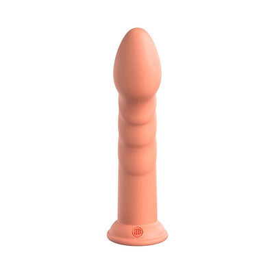Smooth peach silicone dildo with textured shaft and suction cup base, 8 inches long.