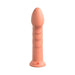 Smooth peach silicone dildo with textured shaft and suction cup base, 8 inches long.