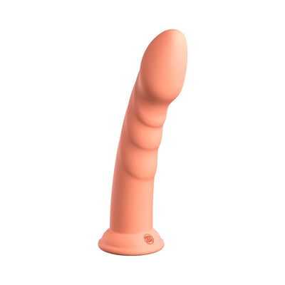 Smooth peach silicone dildo with contoured ridges and suction cup base standing upright on white background