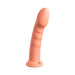Smooth peach silicone dildo with contoured ridges and suction cup base standing upright on white background