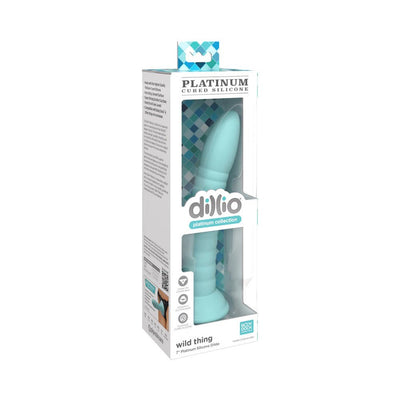 Dillio Platinum Wild Thing 7-inch silicone dildo in light blue with suction cup base in retail packaging.