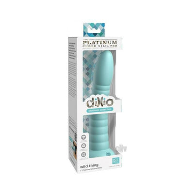 Light blue Dillio Platinum Wild Thing silicone dildo in clear retail packaging with branding and product details.