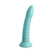 Light blue silicone dildo with ribbed texture and strong suction cup base, 7 inches long.