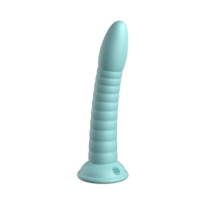 Light blue silicone dildo with ribbed texture and strong suction cup base standing upright on white background.