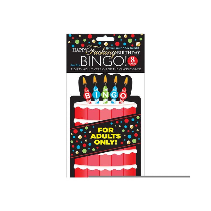 Packaging of Dirty Fucking Blowout Bingo adult party game featuring a birthday cake design and colorful confetti details.