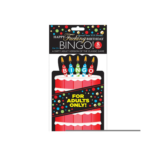Packaging of Dirty Fucking Blowout Bingo adult party game featuring a birthday cake design and colorful confetti details.