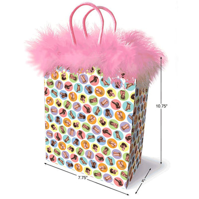 Colorful patterned gift bag with pink marabou trim and woven handles, measuring 10.75 by 7.75 by 4 inches.