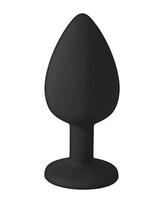 Black silicone tapered butt plug with flared base for safe use and comfort.
