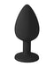 Black silicone tapered butt plug with flared base for safe use and comfort.