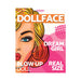 Colorful pop art style packaging design featuring a blonde woman’s face with text highlighting a real-size blow-up doll.