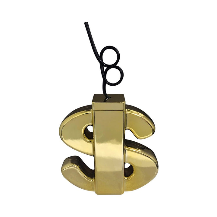 Gold dollar sign shaped party cup with a black curly straw on a white background.