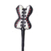 Close-up of a leather crop tip shaped like a black and white corset with red studs and black lacing details.