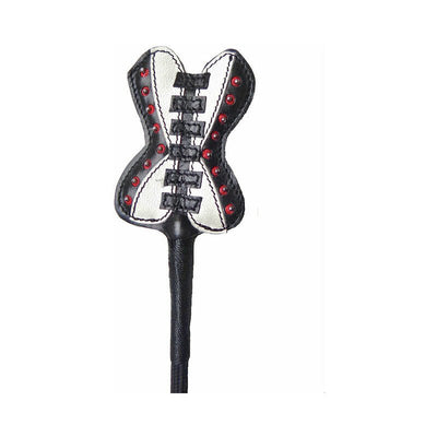 Leather crop with corset-shaped tip in black and white with red accents and braided handle.