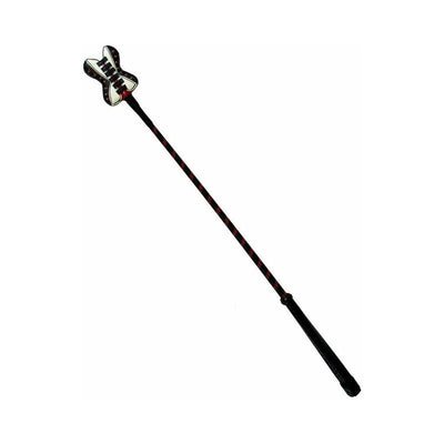 Black and red leather crop with braided handle and corset-shaped tip detail for stylish intimate play.