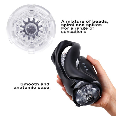 Hand holding Dorcel Deep Blow Masturbator with smooth black ergonomic case and translucent textured sleeve shown separately.
