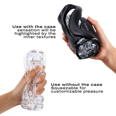 Hands holding the Dorcel Deep Blow Masturbator showing the transparent inner sleeve used with and without the black ergonomic case.