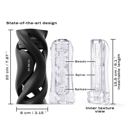 Black ergonomic Dorcel Deep Blow Masturbator with removable translucent sleeve showing beads, spiral, and spikes textures.