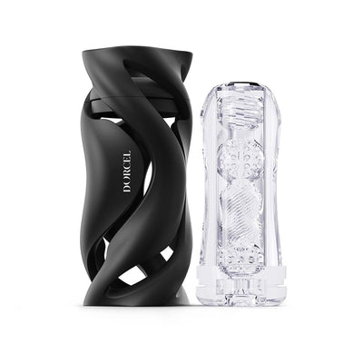 Black ergonomic Dorcel Deep Blow Masturbator case with a translucent textured inner sleeve displayed separately.