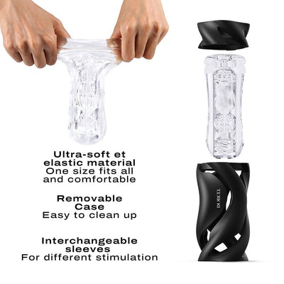 Black Dorcel Deep Blow Masturbator with removable case and clear, elastic, interchangeable sleeve shown stretched and disassembled.