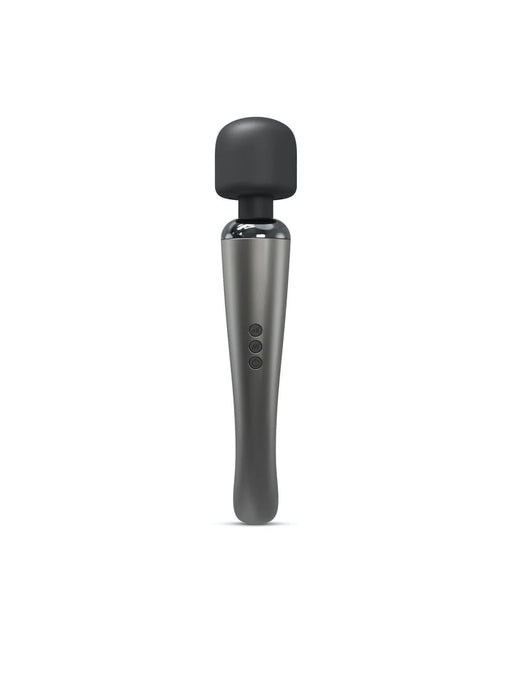 Sleek gray Dorcel Megawand rechargeable wand massager with flexible silicone head and control buttons on handle.