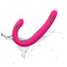 Pink flexible double-ended vibrator with dual motors shown with water splash on white background.