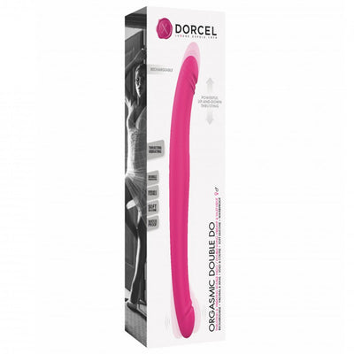 Packaging of Dorcel Orgasmic Double Do in pink with product features and a grayscale image of a woman in lingerie on the side.