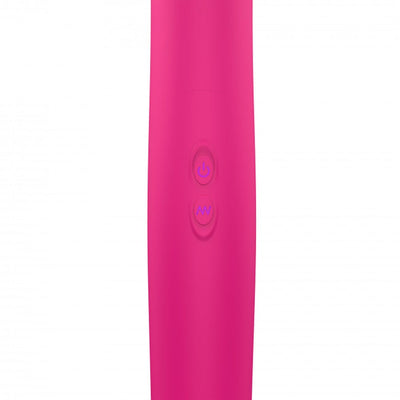 Close-up of the pink Dorcel Orgasmic Double Do vibrator showing dual control buttons on smooth silicone surface.