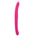 Flexible pink double-ended silicone vibrator with textured heads for dual stimulation.