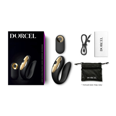 Dorcel Perfect Lover set with black and gold silicone device, remote control, USB charging cable, storage pouch, and user manual.