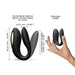 Black flexible wearable device with gold accents shown with dimensions and held in hand for travel size reference.