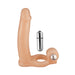 Flesh-colored double penetrator cock ring with flexible design and detachable silver vibrating bullet.