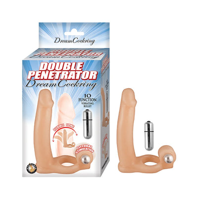 Double penetrator cock ring in flesh tone with flexible spine and 10-function vibrating bullet, shown with packaging.