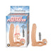 Double penetrator cock ring in flesh tone with flexible spine and 10-function vibrating bullet, shown with packaging.