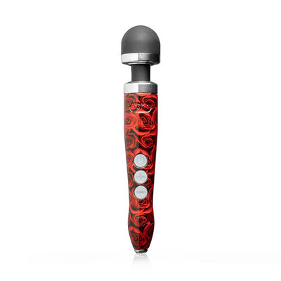 Rechargeable Doxy Die Cast 3R wand massager with red rose pattern and black silicone head, featuring control buttons on handle.