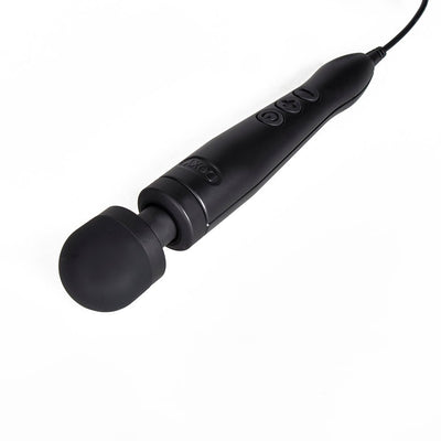 Matte black Doxy Number 3 wand vibrator with rounded head and three control buttons on the handle against a white background.
