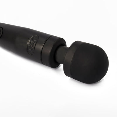 Close-up of the Doxy Number 3 matte black wand vibrator with a rounded silicone head on a white background.