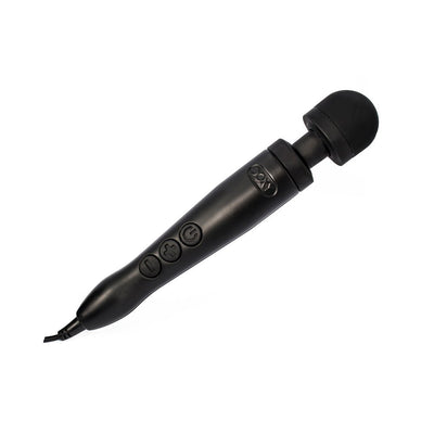 Matte black Doxy Number 3 mains-powered wand vibrator with silicone head and control buttons on handle.