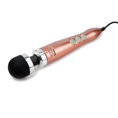 Rose gold Doxy Number 3 mains powered wand vibrator with black silicone head and control buttons on handle