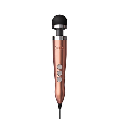 Doxy Number 3 rose gold mains-powered wand vibrator with black silicone head and control buttons on handle.