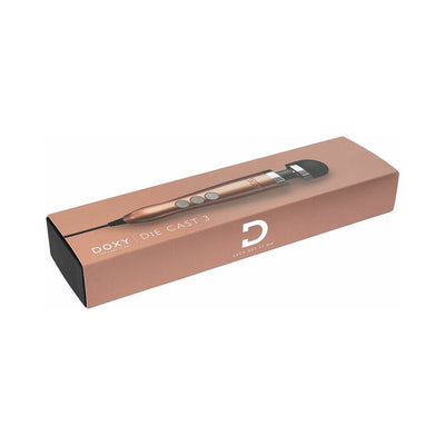Doxy Number 3 Rose Gold wand vibrator in sleek packaging with long power cord and easy-to-use buttons.