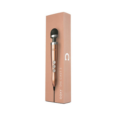 Doxy Number 3 Rose Gold mains-powered wand vibrator with silicone head shown on its matching rose gold packaging box.