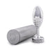 Polished silver ribbed Doxy plug with flat base next to a matching brushed aluminum storage case on white background.