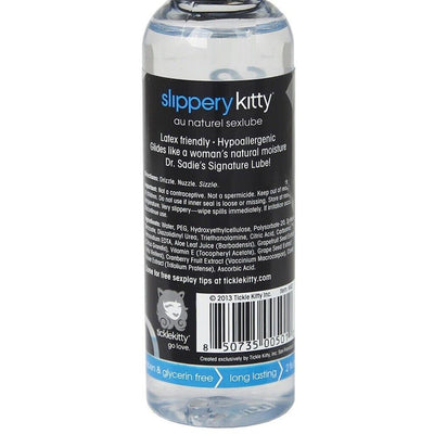 Clear bottle of Dr. Sadie's Slippery Kitty Au Naturel hypoallergenic, latex-friendly personal lubricant with black label.