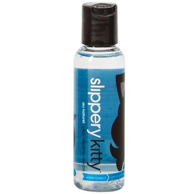 Clear bottle of Dr. Sadie's Signature Slippery Kitty Au Natural water-based personal lubricant with blue label and black cap.