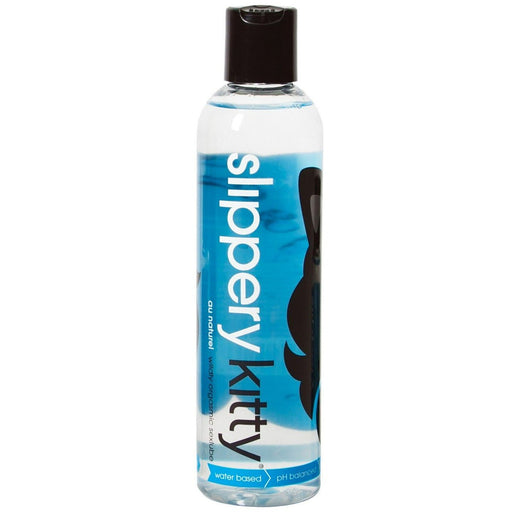 Clear bottle of Dr. Sadie's Slippery Kitty Au Natural water-based personal lubricant with blue liquid and black cap.