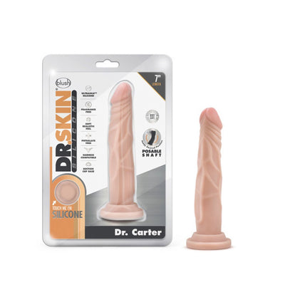 Dr. Skin Dr. Carter 7-inch realistic silicone dildo with suction cup base shown in packaging and standing upright.