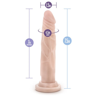 Realistic silicone dildo with suction cup base, 7.5 inches long, 1.5 inch width, and 4.5 inch girth measurements shown.