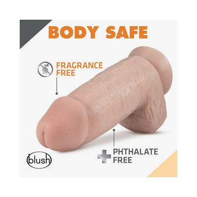 Realistic flesh-toned dildo with suction cup base, labeled fragrance-free and phthalate-free for body-safe use.